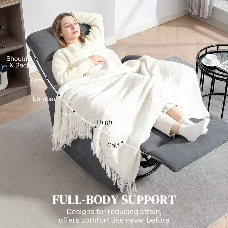 Fauteuil inclinable pivotant et berçant en tissu avec ressorts ensachés et repose-pieds