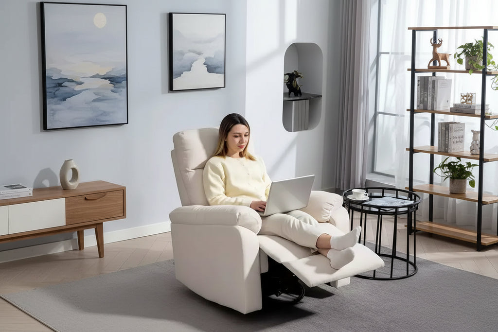 Fauteuil inclinable pivotant et berçant en tissu avec ressorts ensachés et repose-pieds
