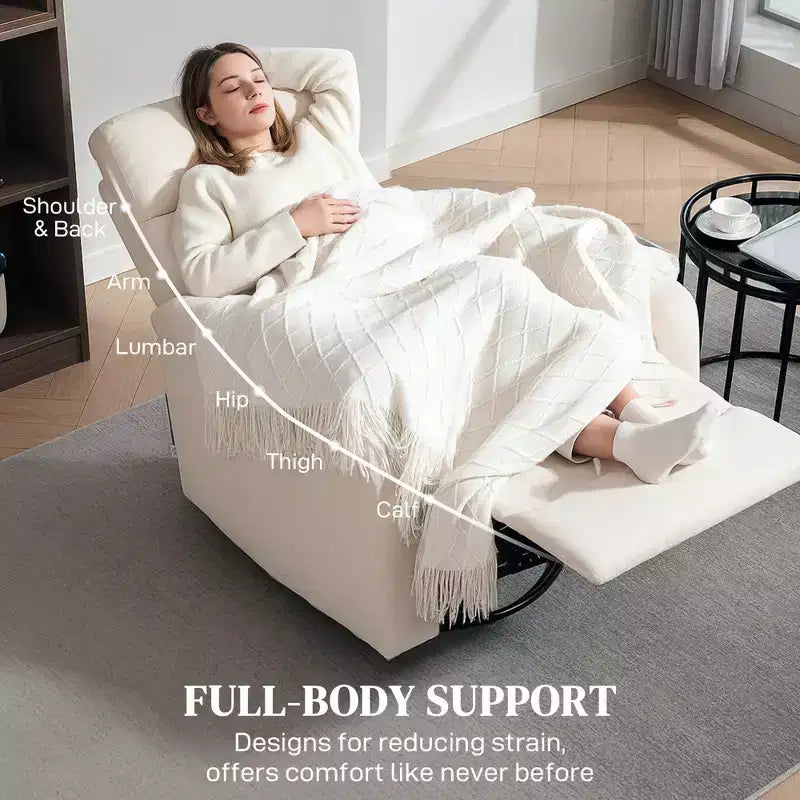 Fauteuil inclinable pivotant et berçant en tissu avec ressorts ensachés et repose-pieds
