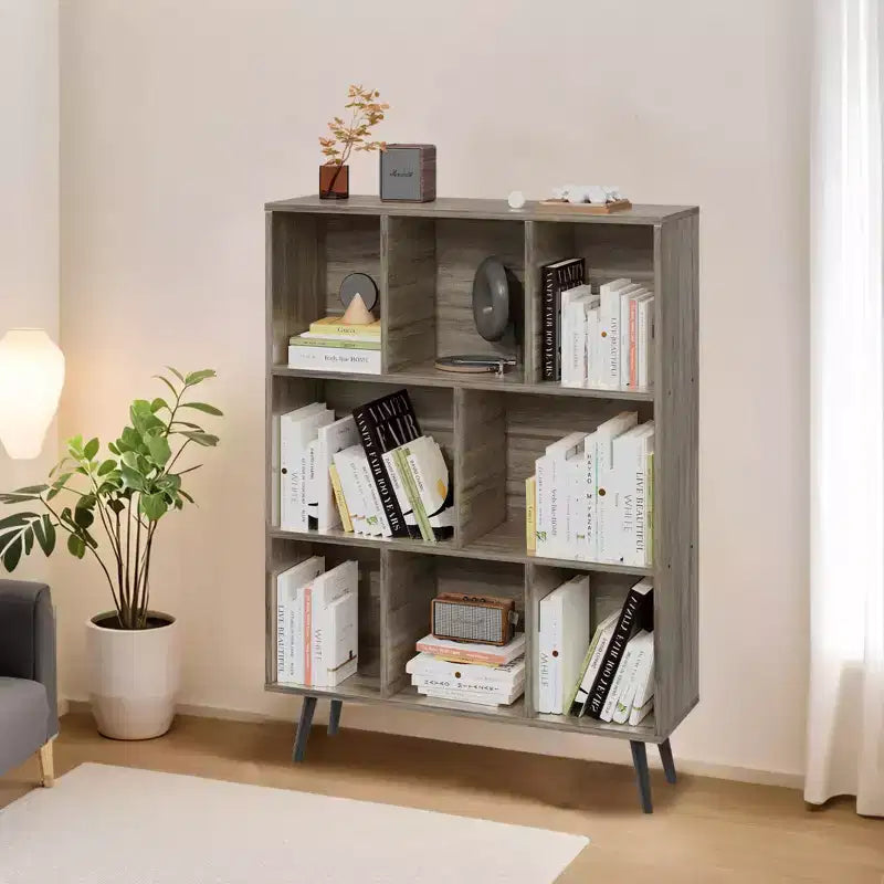 Bibliothèque en bois massif 3 étagères, 8 modules, 4 pieds en bois 80 cm