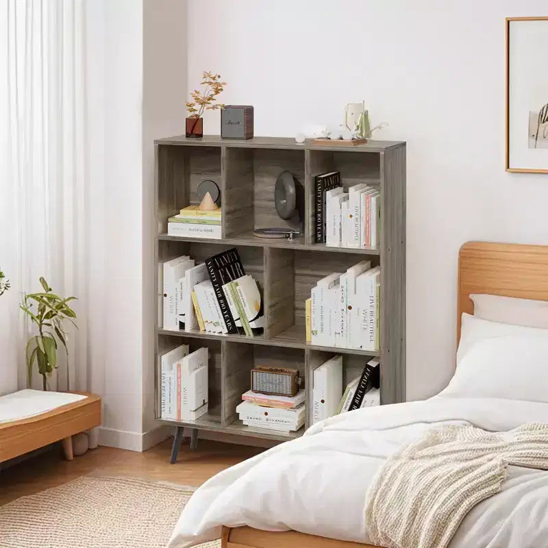 Bibliothèque en bois massif 3 étagères, 8 modules, 4 pieds en bois 80 cm