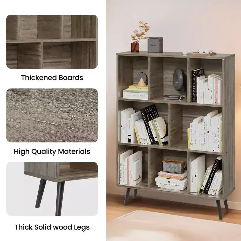 Bibliothèque en bois massif 3 étagères, 8 modules, 4 pieds en bois 80 cm