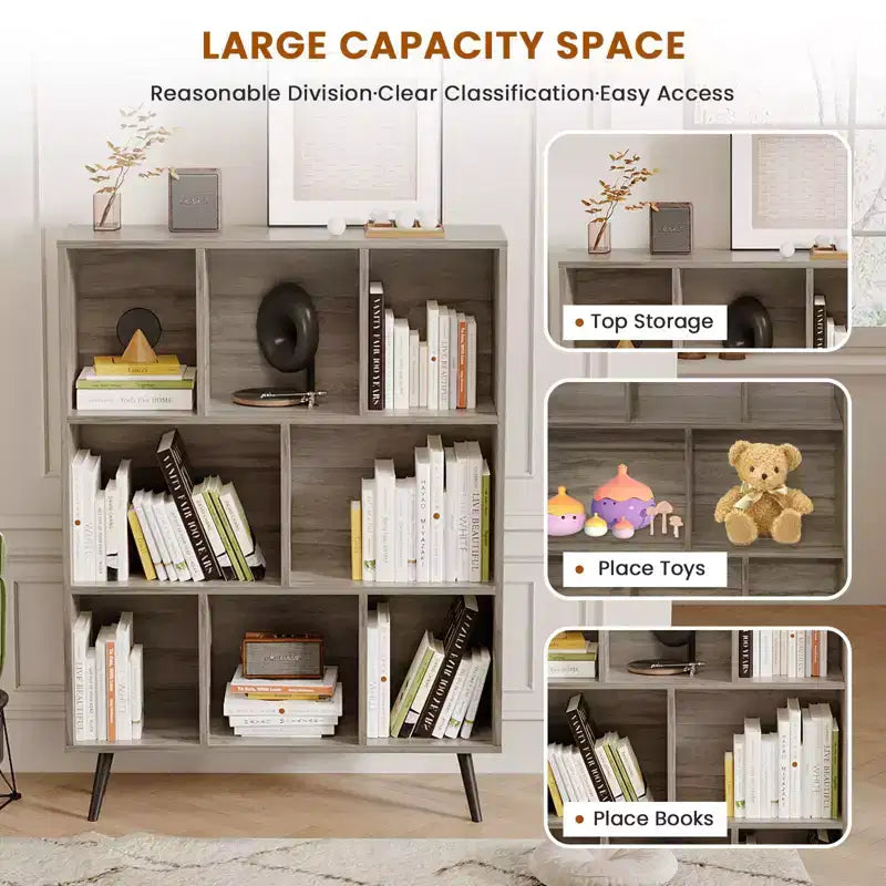 Bibliothèque en bois massif 3 étagères, 8 modules, 4 pieds en bois 80 cm