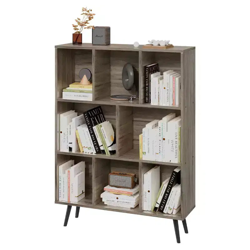 Bibliothèque en bois massif 3 étagères, 8 modules, 4 pieds en bois 80 cm