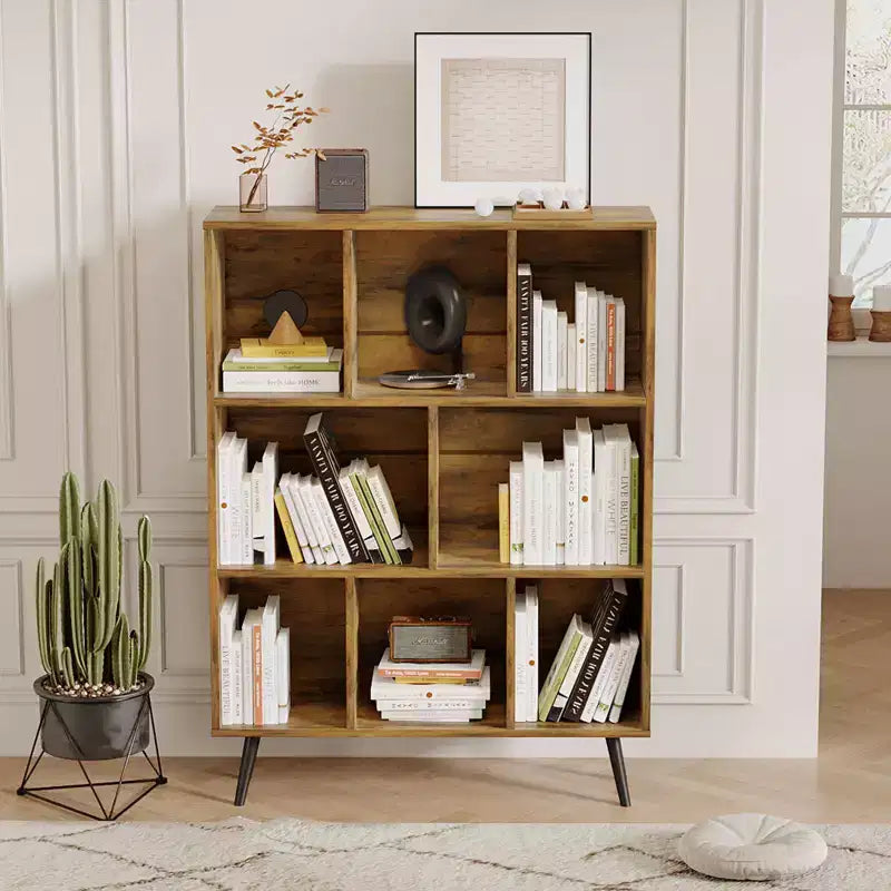 Bibliothèque en bois massif 3 étagères, 8 modules, 4 pieds en bois 80 cm