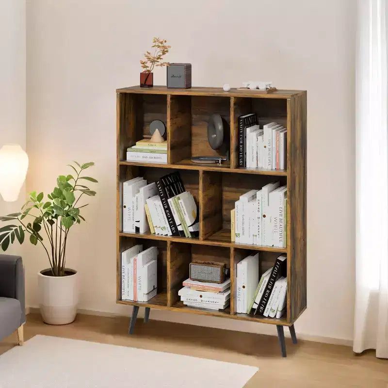 Bibliothèque en bois massif 3 étagères, 8 modules, 4 pieds en bois 80 cm