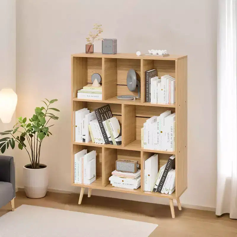 Bibliothèque en bois massif 3 étagères, 8 modules, 4 pieds en bois 80 cm
