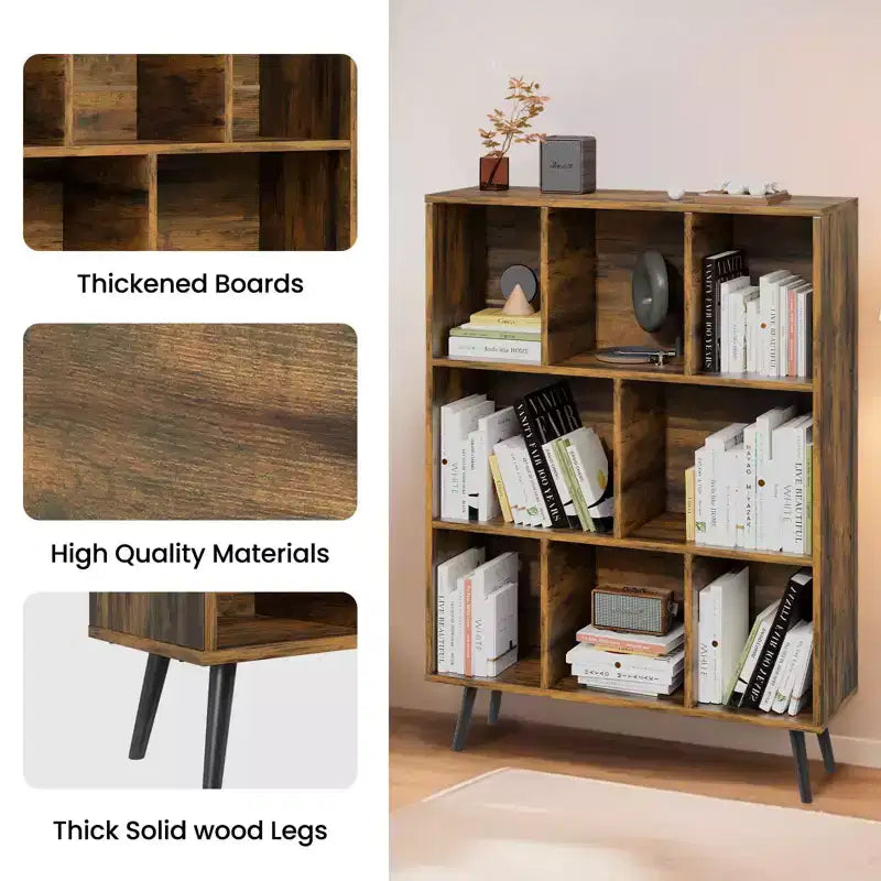 Bibliothèque en bois massif 3 étagères, 8 modules, 4 pieds en bois 80 cm