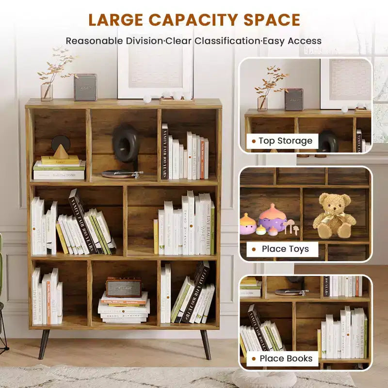 Bibliothèque en bois massif 3 étagères, 8 modules, 4 pieds en bois 80 cm
