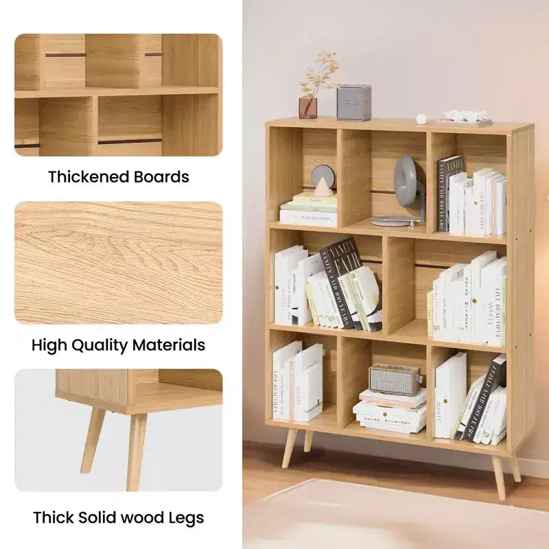 Bibliothèque en bois massif 3 étagères, 8 modules, 4 pieds en bois 80 cm