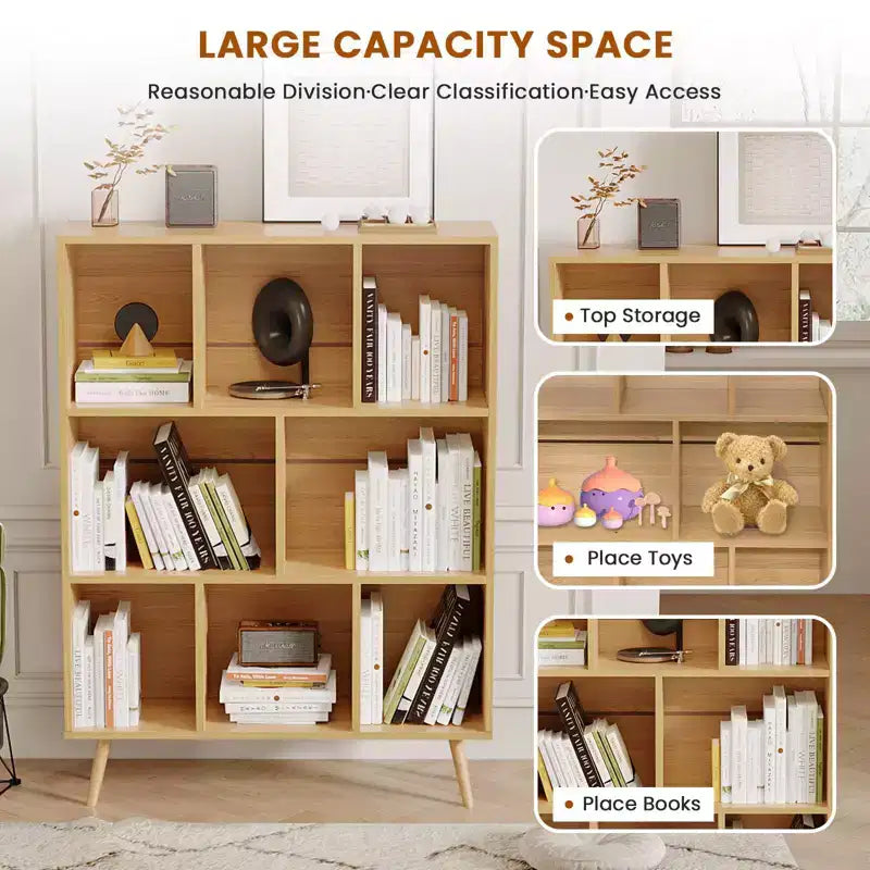 Bibliothèque en bois massif 3 étagères, 8 modules, 4 pieds en bois 80 cm