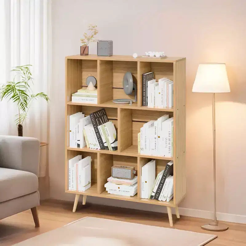 Bibliothèque en bois massif 3 étagères, 8 modules, 4 pieds en bois 80 cm