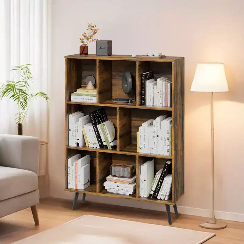 Bibliothèque en bois massif 3 étagères, 8 modules, 4 pieds en bois 80 cm