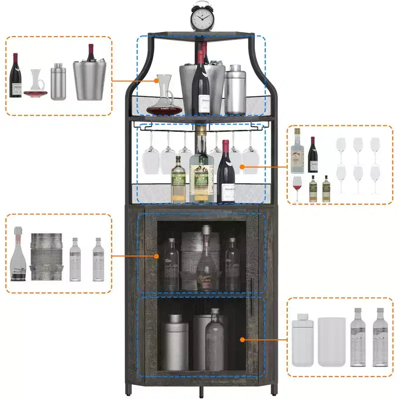 Meuble d'angle à vin à 5 niveaux avec porte-verres et porte grillagée
