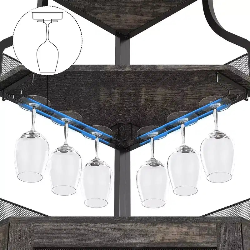 Meuble d'angle à vin à 5 niveaux avec porte-verres et porte grillagée
