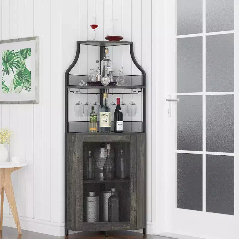 Meuble d'angle à vin à 5 niveaux avec porte-verres et porte grillagée