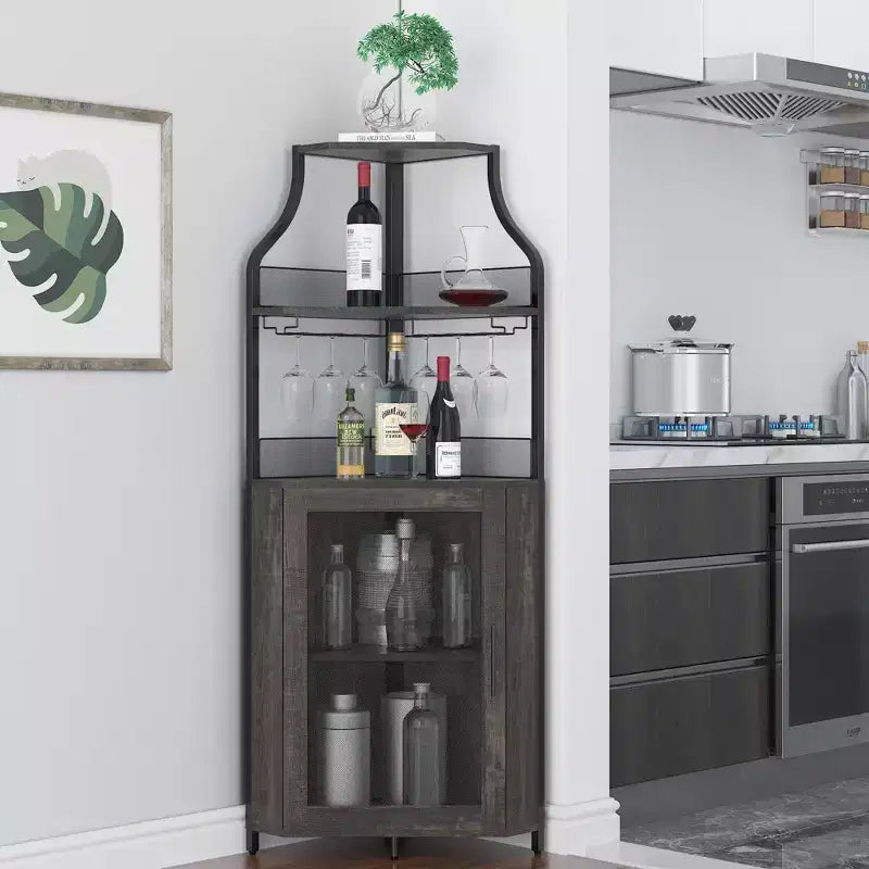 Meuble d'angle à vin à 5 niveaux avec porte-verres et porte grillagée