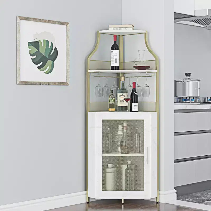 Meuble d'angle à vin à 5 niveaux avec porte-verres et porte grillagée