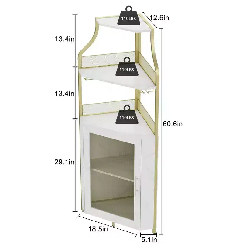 Meuble d'angle à vin à 5 niveaux avec porte-verres et porte grillagée