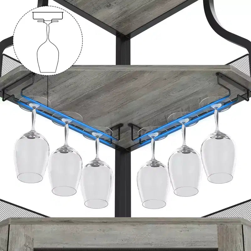 Meuble d'angle à vin à 5 niveaux avec porte-verres et porte grillagée