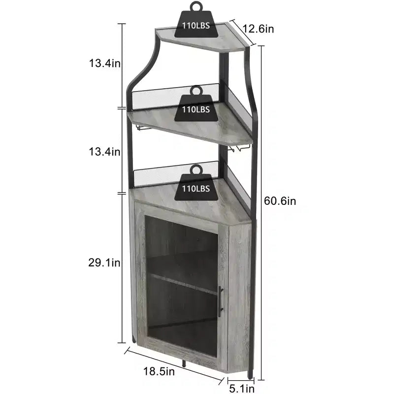 Meuble d'angle à vin à 5 niveaux avec porte-verres et porte grillagée