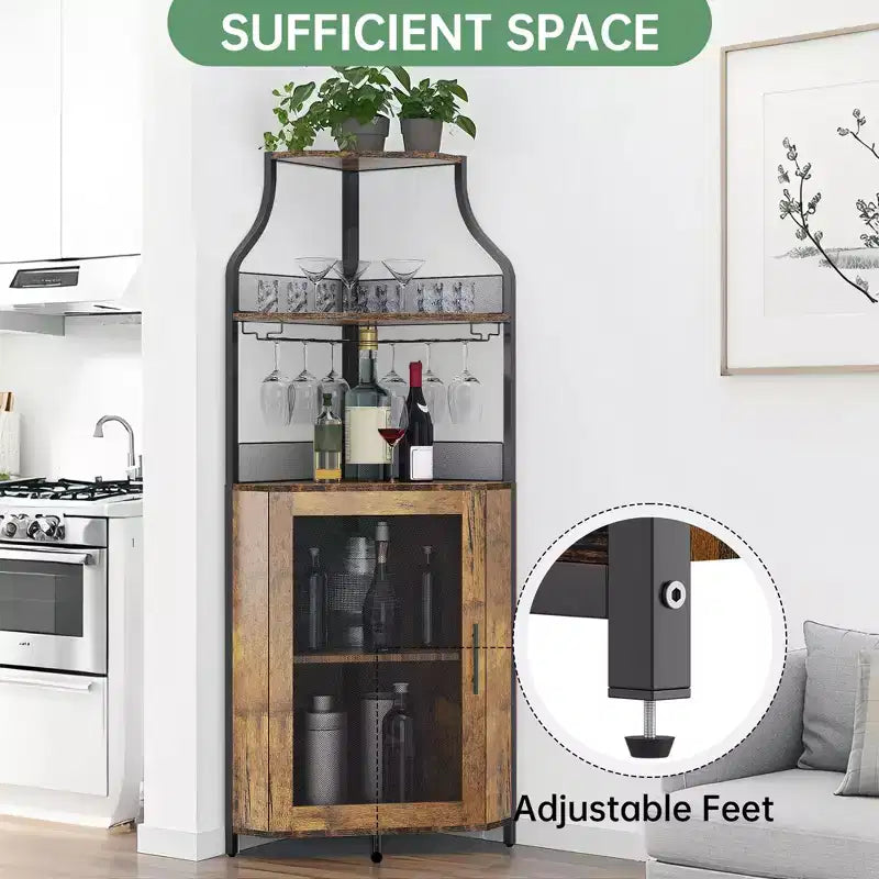 Meuble d'angle à vin à 5 niveaux avec porte-verres et porte grillagée