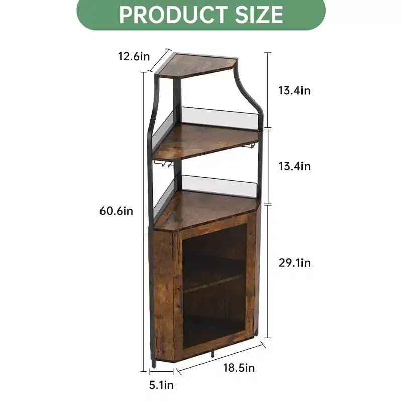 Meuble d'angle à vin à 5 niveaux avec porte-verres et porte grillagée