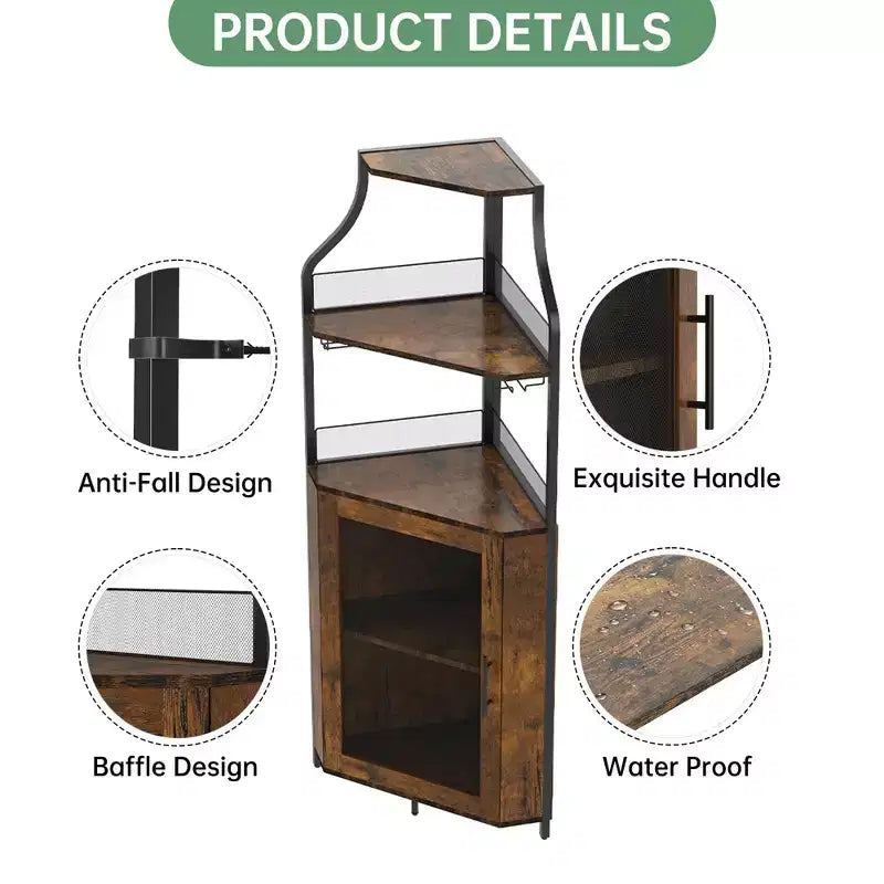 Meuble d'angle à vin à 5 niveaux avec porte-verres et porte grillagée