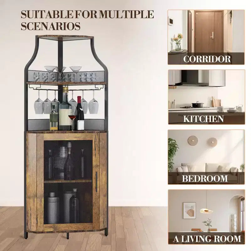 Meuble d'angle à vin à 5 niveaux avec porte-verres et porte grillagée