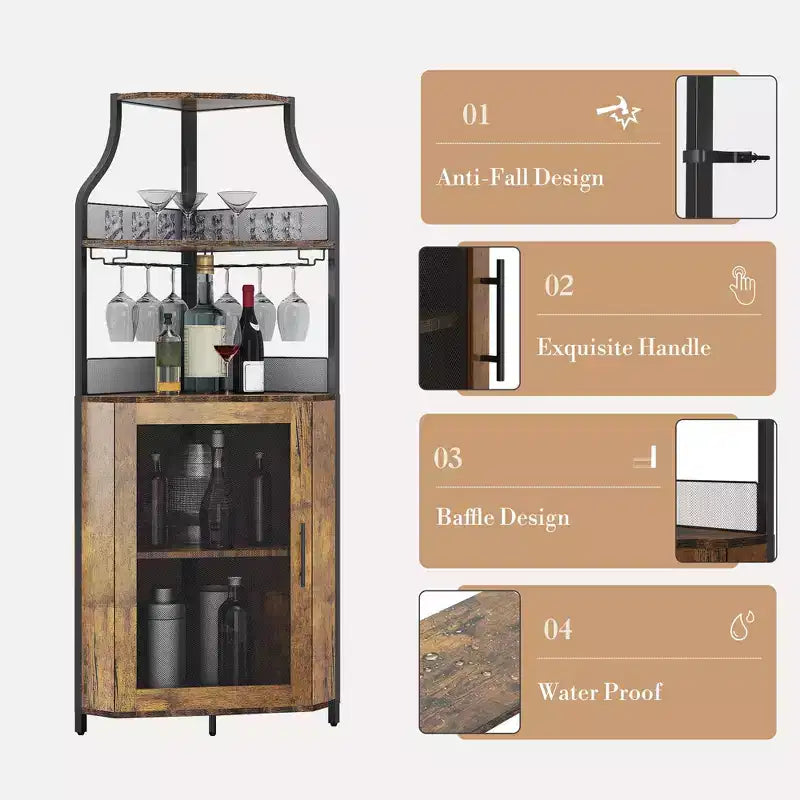 Meuble d'angle à vin à 5 niveaux avec porte-verres et porte grillagée