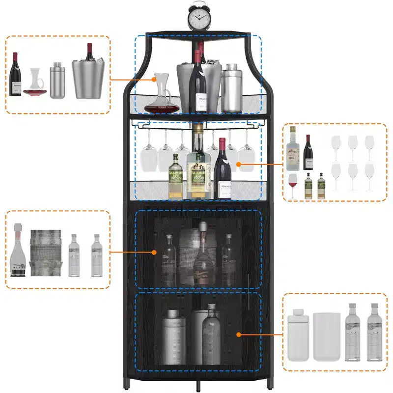Meuble d'angle à vin à 5 niveaux avec porte-verres et porte grillagée