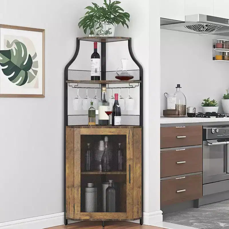 Meuble d'angle à vin à 5 niveaux avec porte-verres et porte grillagée