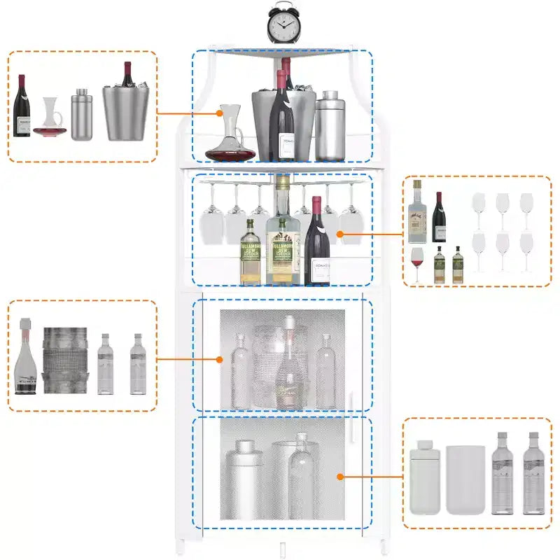 Meuble d'angle à vin à 5 niveaux avec porte-verres et porte grillagée