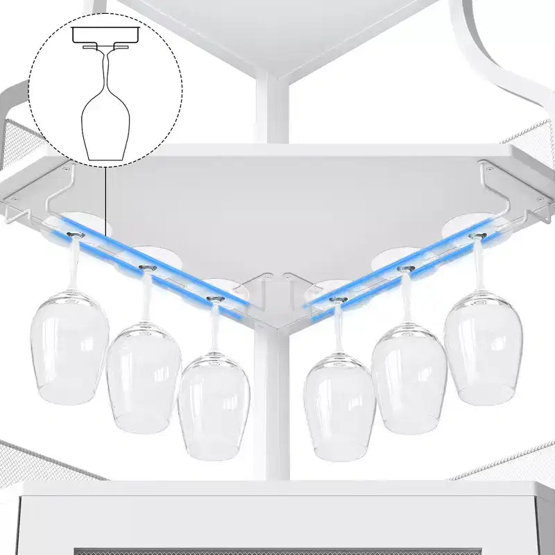 Meuble d'angle à vin à 5 niveaux avec porte-verres et porte grillagée