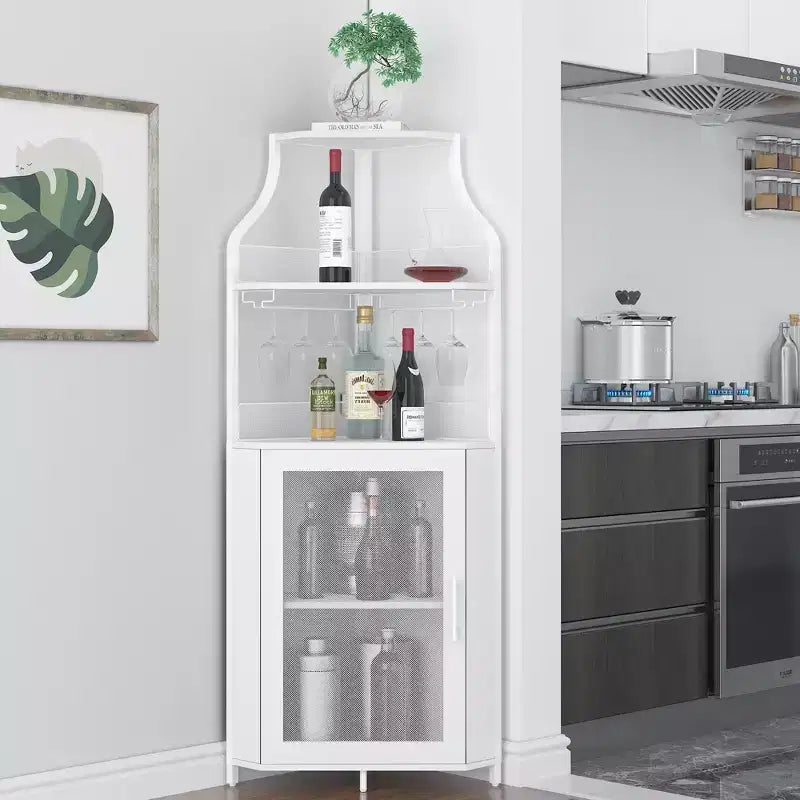 Meuble d'angle à vin à 5 niveaux avec porte-verres et porte grillagée
