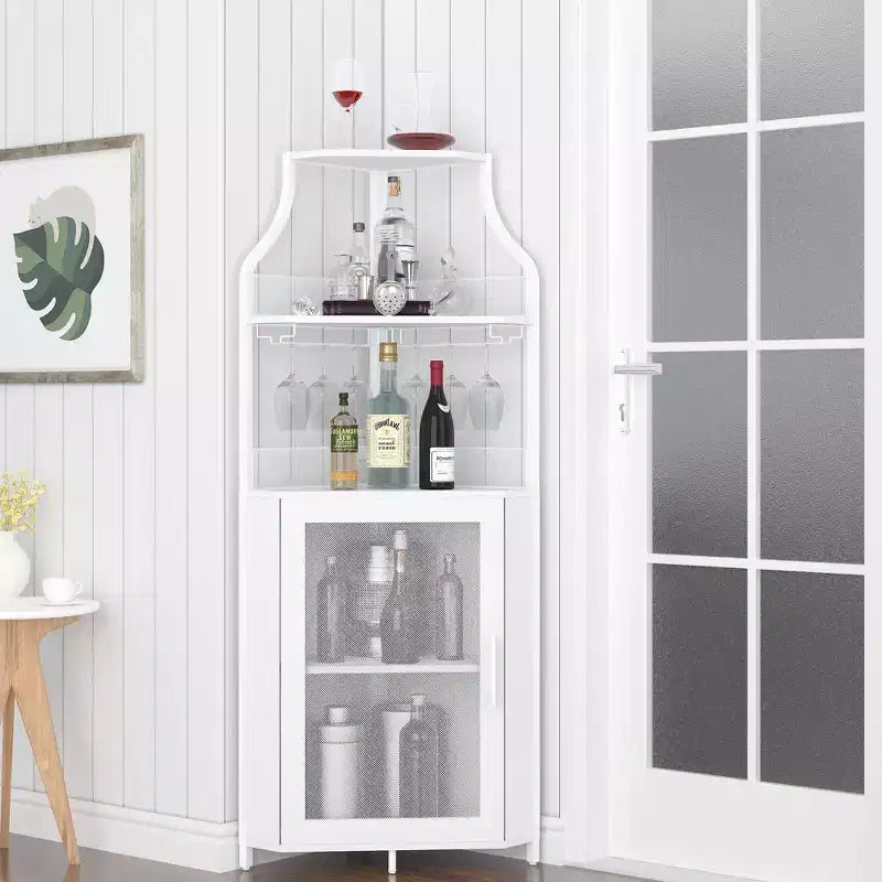 Meuble d'angle à vin à 5 niveaux avec porte-verres et porte grillagée