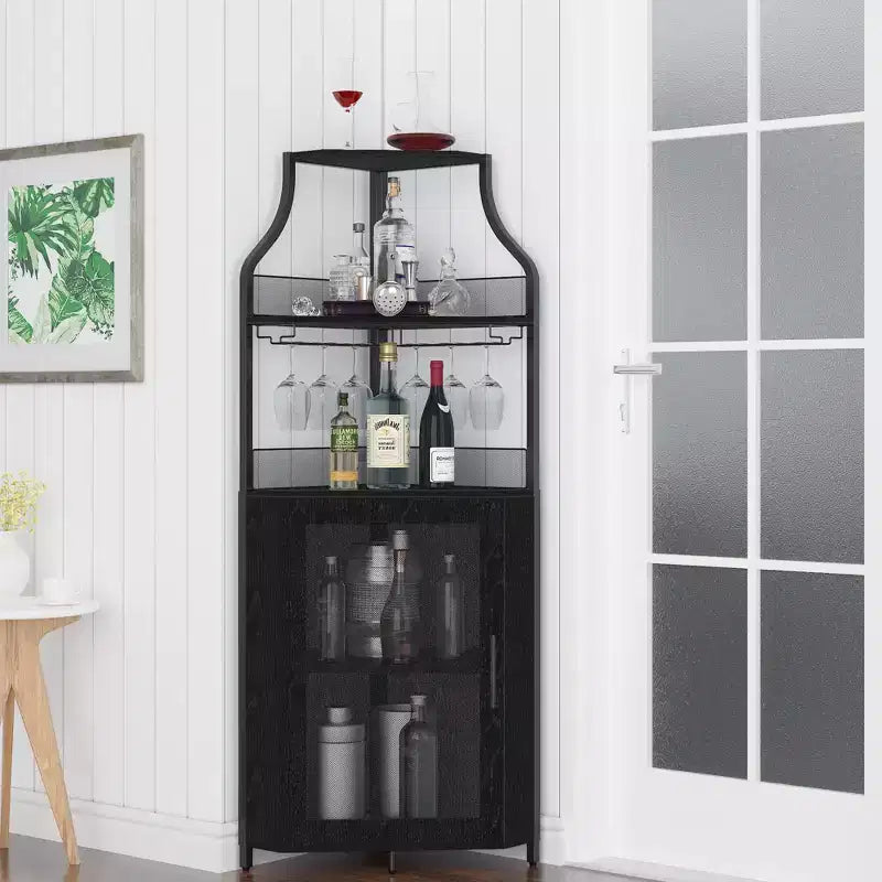 Meuble d'angle à vin à 5 niveaux avec porte-verres et porte grillagée