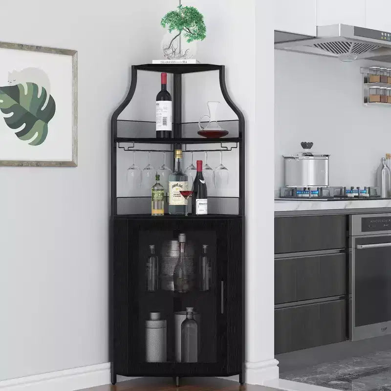 Meuble d'angle à vin à 5 niveaux avec porte-verres et porte grillagée