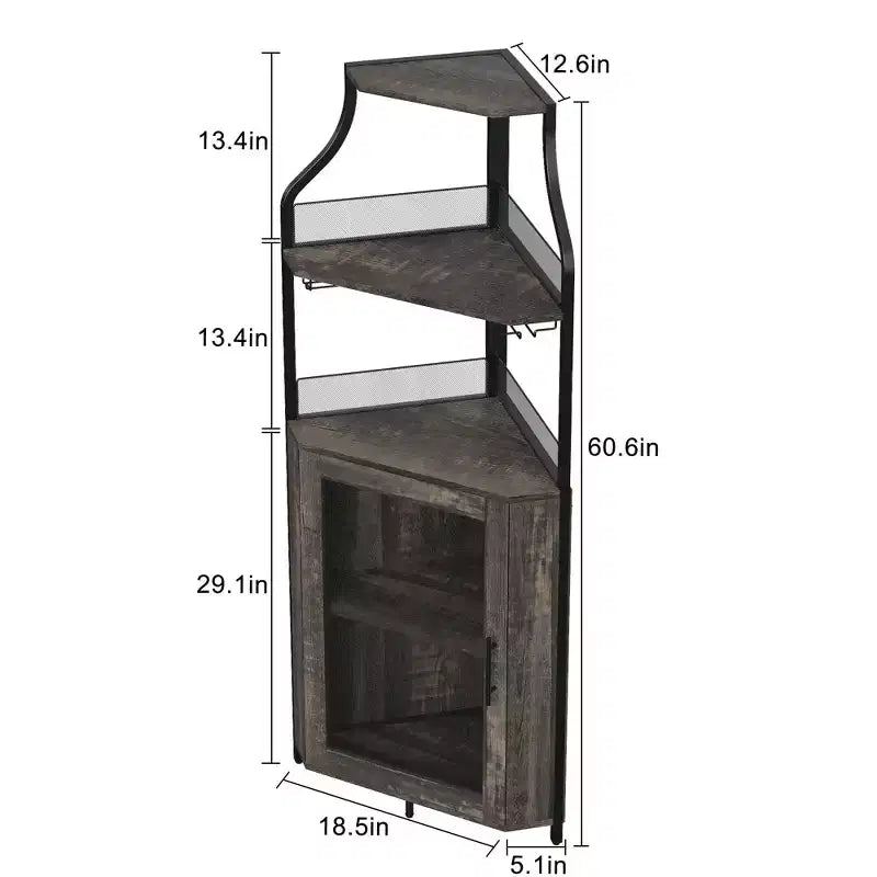 Meuble d'angle à vin à 5 niveaux avec porte-verres et porte grillagée