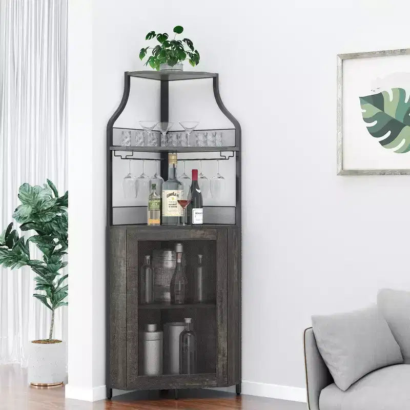 Meuble d'angle à vin à 5 niveaux avec porte-verres et porte grillagée