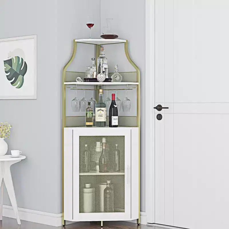 Meuble d'angle à vin à 5 niveaux avec porte-verres et porte grillagée