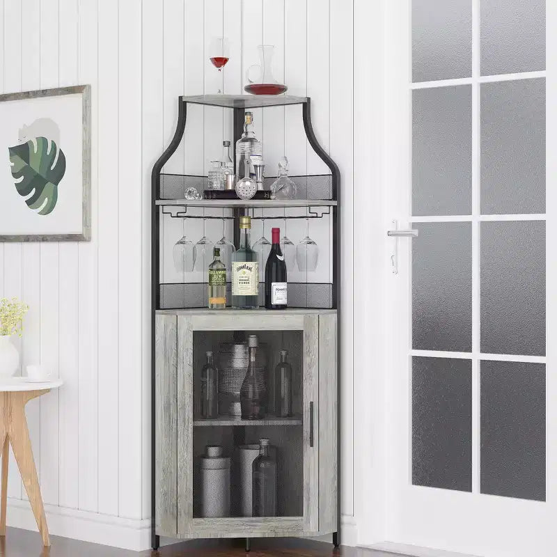 Meuble d'angle à vin à 5 niveaux avec porte-verres et porte grillagée