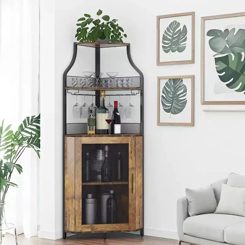 Meuble d'angle à vin à 5 niveaux avec porte-verres et porte grillagée