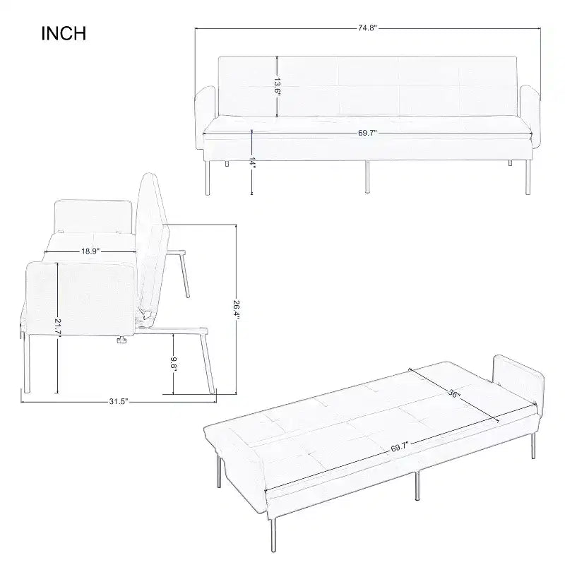 Canapé-lit futon convertible avec dossier réglable sur 5 positions 190 cm