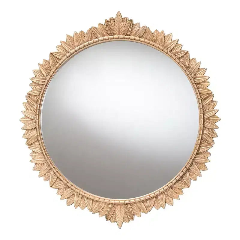 Miroir mural rond en bois avec bordure sculptée de feuilles, or antique