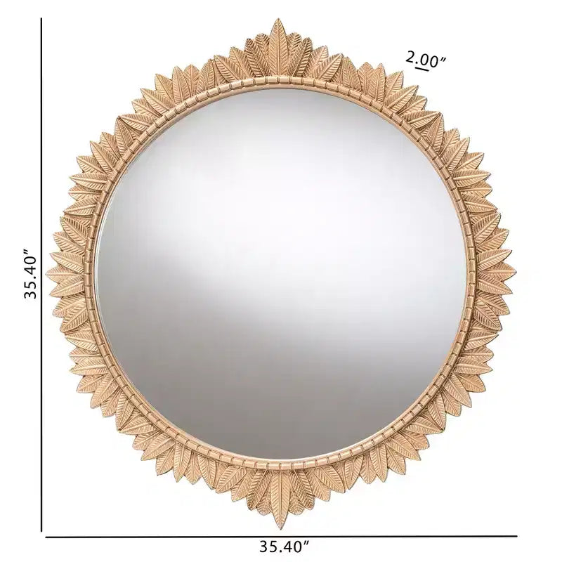Miroir mural rond en bois avec bordure sculptée de feuilles, or antique