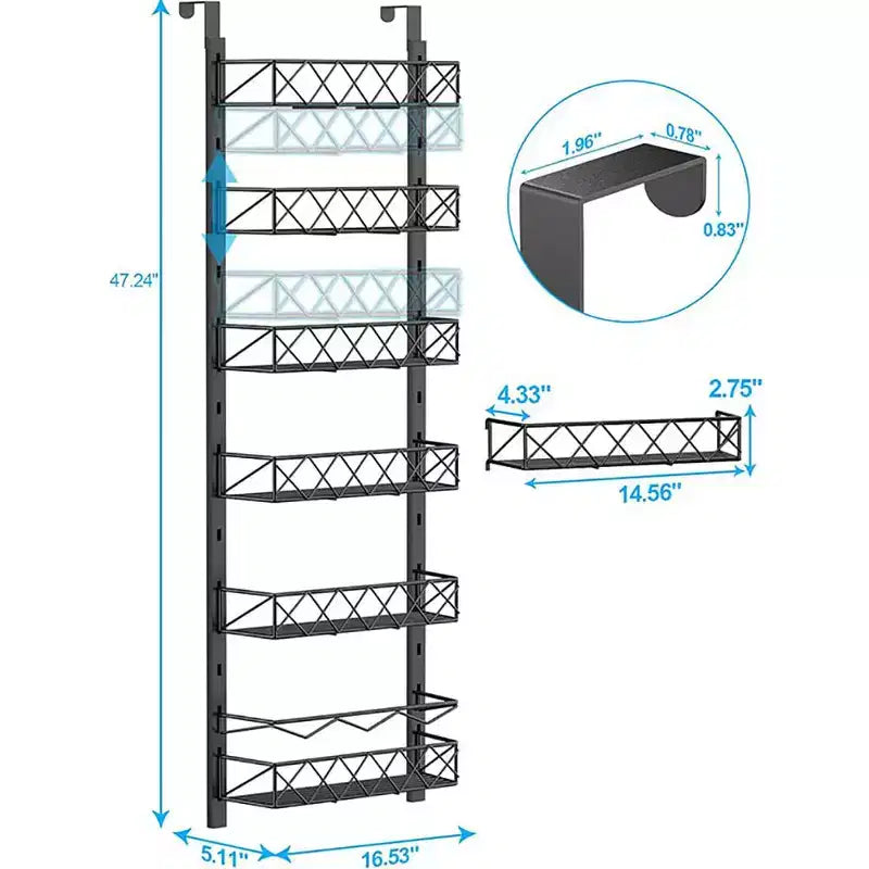 Étagère de rangement de garde-manger à 6 niveaux en acier au carbone à suspendre à la porte, noir