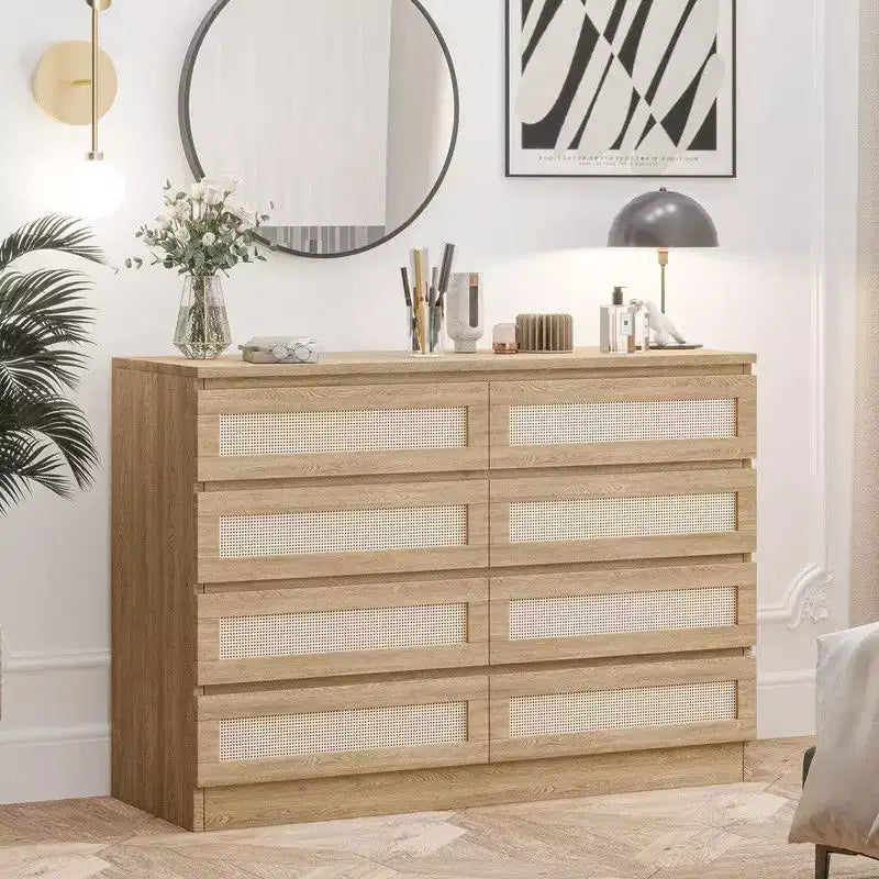 Commode 8 tiroirs en MDF et rotin 120 cm