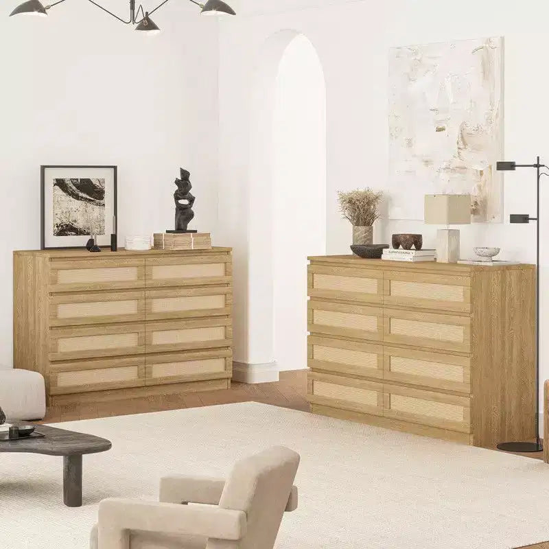 Commode 8 tiroirs en MDF et rotin 120 cm