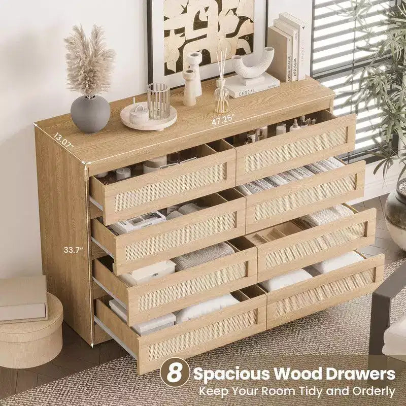 Commode 8 tiroirs en MDF et rotin 120 cm